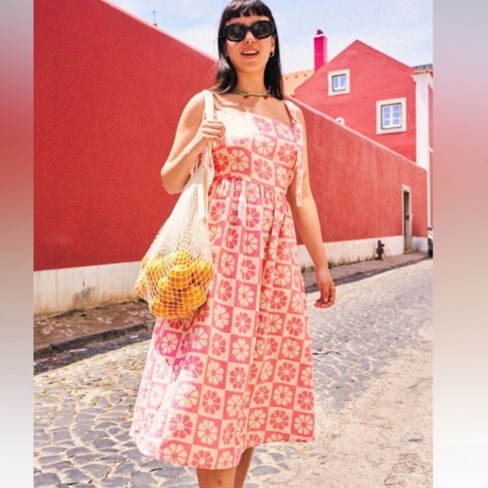 Lucy and Yak Faye Pink Gauze Floral Organic Cotton Midi Dress US 12 UK 16